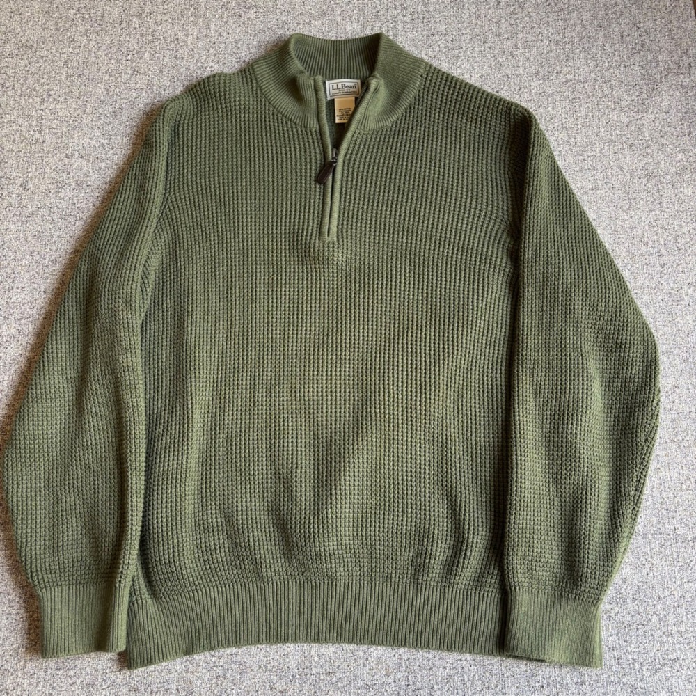 LL Bean Sweater Mens XL Green Cotton Cashmere Quarter Zip Waffle Knit Cottage